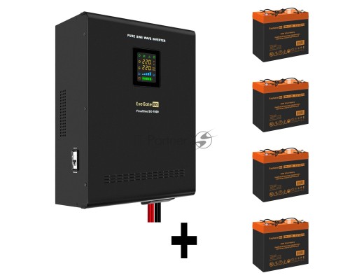 Комплект ИБП EX296005RUS + батарея 55Aч EX285652RUS 4шт (инвертор, синус, для котла, настенный) ExeGate FineSine SX-7000.LCD.AVR.2SH.T <7000VA/5000W, чистая синусоида, цветной LCD-дисплей, AVR, 2*Schuko+клеммы, линейно-интерактивный, крепление настенное,