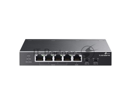 Настольный коммутатор TP-Link TL-SG1005P-PD с 5 гиг. портами (1 порт с входящим PoE++, 4 порта с исходящим PoE+), бюджет PoE: 9, 21, 47 или 66 Вт (зависит от используемого стандарта входящего PoE)
