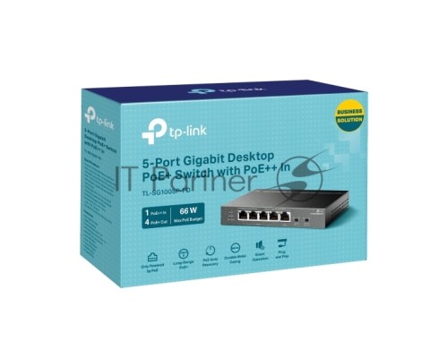Настольный коммутатор TP-Link TL-SG1005P-PD с 5 гиг. портами (1 порт с входящим PoE++, 4 порта с исходящим PoE+), бюджет PoE: 9, 21, 47 или 66 Вт (зависит от используемого стандарта входящего PoE)