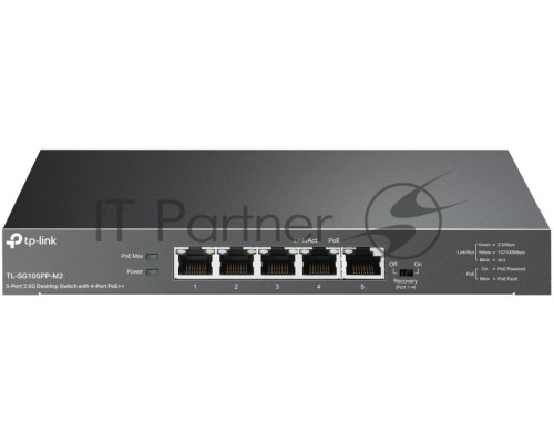 Настольный коммутатор TP-Link TL-SG105PP-M2 с 5 портами 2,5 Гбит/с (4 порта PoE++), 802.3af/at/bt 3-го типа, бюджет PoE — 123 Вт, стальной настольный корпус