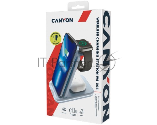 Беспроводное зарядное устройство CANYON WS-304, Foldable  3in1 Wireless charger, with touch button for Running water light, Input 9V/2A,  12V/1.5AOutput 15W/10W/7.5W/5W, Type c to USB-A cable length 1.2m, with QC18W EU plug,132.51*75*28.58mm, 0.168Kg,Blu