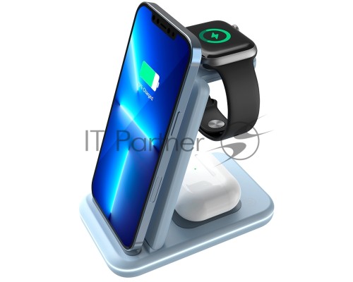 Беспроводное зарядное устройство CANYON WS-304, Foldable  3in1 Wireless charger, with touch button for Running water light, Input 9V/2A,  12V/1.5AOutput 15W/10W/7.5W/5W, Type c to USB-A cable length 1.2m, with QC18W EU plug,132.51*75*28.58mm, 0.168Kg,Blu