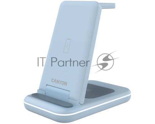 Беспроводное зарядное устройство CANYON WS-304, Foldable  3in1 Wireless charger, with touch button for Running water light, Input 9V/2A,  12V/1.5AOutput 15W/10W/7.5W/5W, Type c to USB-A cable length 1.2m, with QC18W EU plug,132.51*75*28.58mm, 0.168Kg,Blu