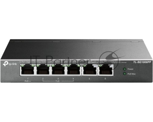 Настольный коммутатор TP-Link TL-SG1006PP с 6 гигабитными портами (3 порта PoE+, 1 порт PoE++), 802.3af/at/bt 3-го типа, бюджет PoE — 64 Вт, стальной настольный корпус