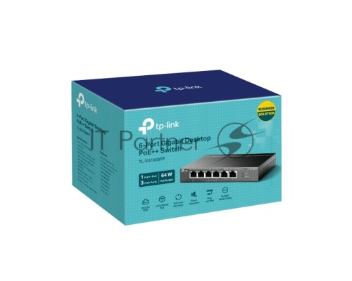 Настольный коммутатор TP-Link TL-SG1006PP с 6 гигабитными портами (3 порта PoE+, 1 порт PoE++), 802.3af/at/bt 3-го типа, бюджет PoE — 64 Вт, стальной настольный корпус