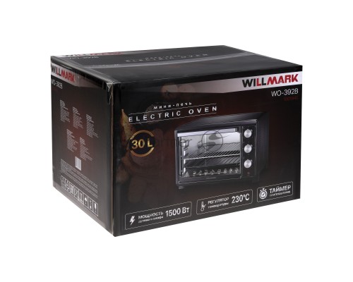 Мини-печь Willmark WO-392B (30 литров, таймер, термостат,230С, 1500Вт, чёрный)