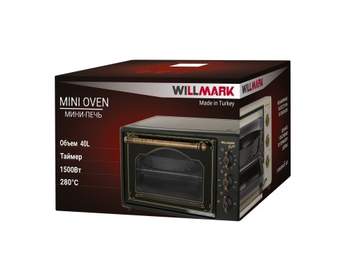 Мини-печь Willmark WOF-405BLR (40л,эмал.внутр.поверх,лампа,таймер, ретро черн., 1400Вт)