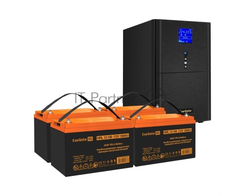 Комплект ИБП EX295990RUS + батарея 100Aч EX285656RUS 4шт (инвертор, синус, для котла) ExeGate SineTower SZ-3000.LCD.AVR.3SH.1C13.RJ.USB <3000VA/2400W, чистый синусоида, LCD дисплей, AVR, 3*Schuko+1*C13, RJ45/11, USB, линейно-интерактивный, Black> + батар