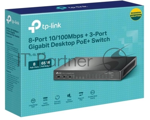 Настольный коммутатор TP-Link TL-SL1311P, 8 портов 10/100 Мбит/с с поддержкой PoE+, 2 гигабитных порта без поддержки PoE, 1 порт SFP, 802.3af/at, бюджет PoE — 65 Вт, стальной корпус