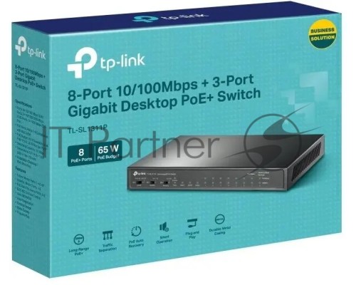 Настольный коммутатор TP-Link TL-SL1311P, 8 портов 10/100 Мбит/с с поддержкой PoE+, 2 гигабитных порта без поддержки PoE, 1 порт SFP, 802.3af/at, бюджет PoE — 65 Вт, стальной корпус