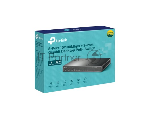 Настольный коммутатор TP-Link TL-SL1311P, 8 портов 10/100 Мбит/с с поддержкой PoE+, 2 гигабитных порта без поддержки PoE, 1 порт SFP, 802.3af/at, бюджет PoE — 65 Вт, стальной корпус
