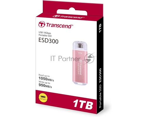 Внешний накопитель SSD Transcend 1.0Tb ESD300 <TS1TESD300P> (USB3.2 gen 2, Type C, 1050/950Mbs, 3D NAND, 60x20x7.8mm, 9g) розовыйВнешний накопитель SSD