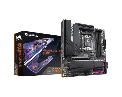 Материнская плата GIGABYTE B650M AORUS ELITE, Socket AM5, AMD B650, 4xDDR5, 4xSATA, 2xM.2, 1xPCI-E 4.0 x16, 1xPCI-E 4.0 x4, 1xHDMI, 1xDP, 1x 2.5Gb LAN, 5xUSB-A 3.2 Gen 1, 2xUSB-A 3.2 Gen 2, 4xUSB-A 2.0, 1xUSB-C 3.2 Gen 2, 2x3.5 мм, 7.1, Micro-ATX