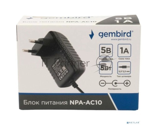 Блок питания Gembird NPA-AC10, 5В/1А, 1 штекер 5,5х2,5мм