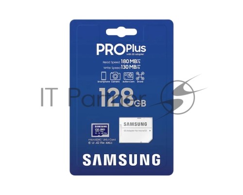 Флеш карта microSDXC 128GB Samsung PRO Plus Class 10, A2, V30, UHS-I (U3), W 130 МБ/с, R 180 МБ/с, <MB-MD128SA/KR> адаптер на SD