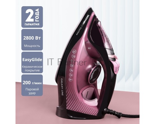 Утюг Galaxy Line GL 6132, розовый с черным, паровой, 2800 Вт, керамическое покрытие EasyGlide, функции: самоочистка, антикапля, антинакипь, указатель максимального уровня воды, индикатор нагрева, вертикальное отпаривание, паровой удар, регулировка подачи