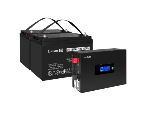 Комплект ИБП EX295994RUS + батарея 100Aч EX282985RUS 2шт (инвертор, синус, для котла, PF=1, настенный) ExeGate IdealSine SR-1500.LCD.2SH  <1500VA/1500W, чистая синусоида, цветной LCD-дисплей, 2*Schuko, крепление настенное, Black> + батарея ExeGate DT 121