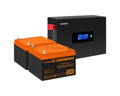 Комплект ИБП EX295994RUS + батарея 26Aч EX285663RUS 2шт (инвертор, синус, для котла, PF=1, настенный) ExeGate IdealSine SR-1500.LCD.2SH  <1500VA/1500W, чистая синусоида, цветной LCD-дисплей, 2*Schuko, крепление настенное, Black> + батарея ExeGate HRL 12-