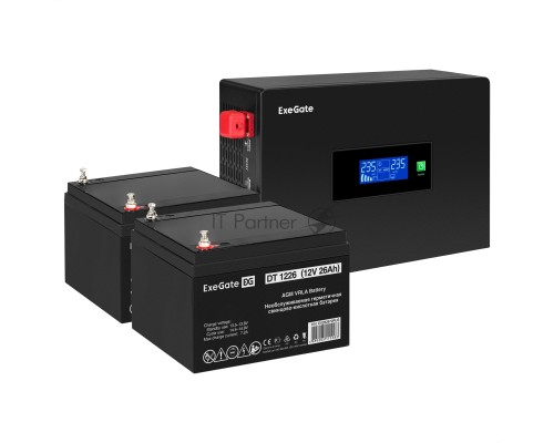 Комплект ИБП EX295994RUS + батарея 26Aч EX282970RUS 2шт (инвертор, синус, для котла, PF=1, настенный) ExeGate IdealSine SR-1500.LCD.2SH  <1500VA/1500W, чистая синусоида, цветной LCD-дисплей, 2*Schuko, крепление настенное, Black> + батарея ExeGate DT 1226