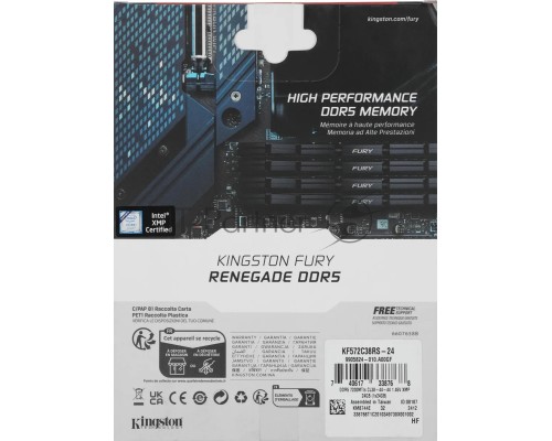 Оперативная память Kingston DDR5 24GB 7200MHz Kingston KF572C38RS-24 Fury Renegade Silver/Black RTL Gaming PC5-57600 CL38 DIMM 288-pin 1.45В single rank с радиатором Ret