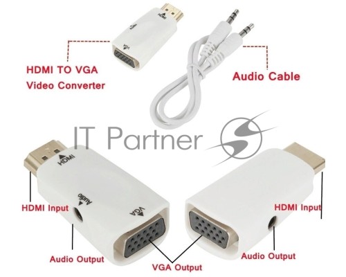 Переходник аудио-видео Premier 5-983AC HDMI (m)/VGA (f)/Jack 3.5 (f) белый
