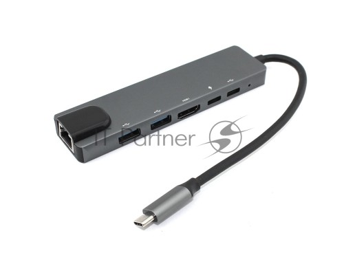 Адаптер Type C на HDMI, USB 3.0*2 + RJ45 + Type C*2, серый