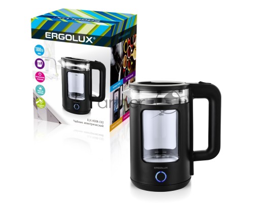 Чайник электрический ELX-KG08-C02 стекло/пластик 1.8л 220-240В 1800Вт черн. Ergolux 15333