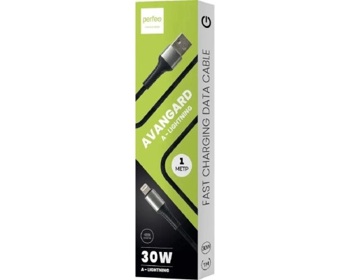 [кабели] PERFEO Кабель USB A вилка - Lightning вилка, 30W, черный, длина 1 м., AVANGARD (I4335)