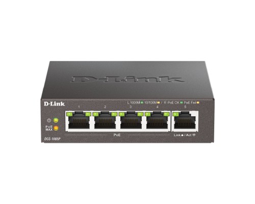 [Сетевое оборудование] D-Link DGS-1005P/B3A Неуправляемый коммутатор с 5 портами 10/100/1000Base-T (4 порта PoE 802.3af/at, PoE-бюджет 60 Вт)