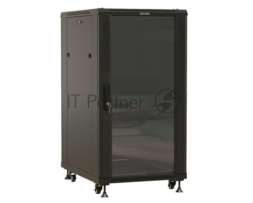 Шкаф Hyperline TTBR-2761-AS-RAL9004 Шкаф напольный 27U 1388x600х1000 мм (ВхШхГ), передняя стеклянная дверь со стальными перфорированными боковинами, задняя дверь сплошная, ручка с замком, цвет черный (RAL 9004) (разобранный) 
