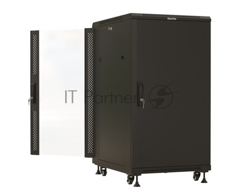 Шкаф Hyperline TTBR-2761-AS-RAL9004 Шкаф напольный 27U 1388x600х1000 мм (ВхШхГ), передняя стеклянная дверь со стальными перфорированными боковинами, задняя дверь сплошная, ручка с замком, цвет черный (RAL 9004) (разобранный) 