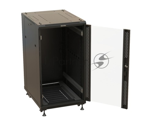 Шкаф Hyperline TTBR-2761-AS-RAL9004 Шкаф напольный 27U 1388x600х1000 мм (ВхШхГ), передняя стеклянная дверь со стальными перфорированными боковинами, задняя дверь сплошная, ручка с замком, цвет черный (RAL 9004) (разобранный) 