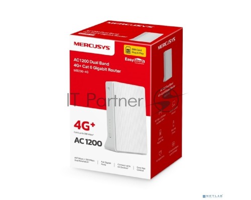 Двухдиапазонный гигабитный роутер Mercusys MB230-4G Wi-Fi AC1200 с поддержкой 4G+ категории 6
