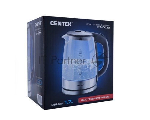 Чайник Centek CT-0030 стекло 1.7л, 2200Вт, внутр. LED подсветка,защита от вкл б/воды