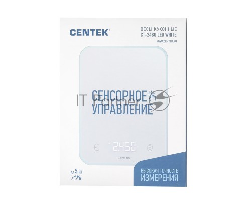 Кухонные весы Centek CT-2480 LED WHITE, сенсор, 150х15х205мм, max 5кг, шаг 1г, Авто Ноль/Выкл