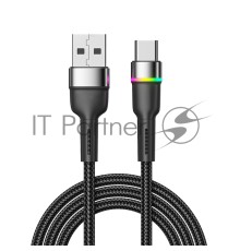 Кабель USB-A – Type-C, 3А, 18Вт, 1м, в черной нейлоновой оплетке, с LED подсветкой REXANT