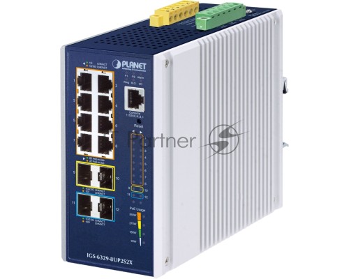 Коммутатор PLANET IGS-6329-8UP2S2X IP30 DIN-rail Industrial L3 8-Port 10/100/1000T 802.3bt PoE + 2-port 1G/2.5G SFP + 2-Port 10G SFP+ Full Managed Switch (-40 to 75 C, 8-port 95W PoE++, 802.3bt/PoH/Force modes, DIDO, ERPS Ring, 1588 PTP TC, Modbus TCP, O