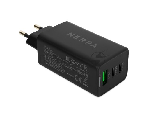 Зарядное устройство NERPA PD333CBX 65W GaN PD+QC3.0, 2xUSB-C, 1xUSB-A, USB-C - USB-C 100W cable 1.5m black, EU plug, BOX