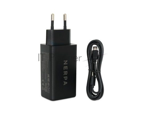 Зарядное устройство NERPA PD333CBX 65W GaN PD+QC3.0, 2xUSB-C, 1xUSB-A, USB-C - USB-C 100W cable 1.5m black, EU plug, BOX