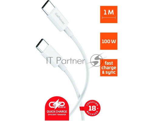 Кабель GoPower GP10TT-100W Type-C (m)-Type-C (m) 1.0м 100W белый (1/200/800)