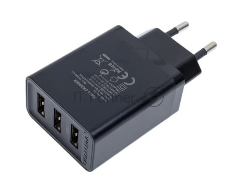 Сетевое зарядное устройство Vention на 3 порта USB 2.4A Черный