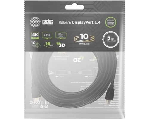[кабели] Кабель аудио-видео Cactus CS-DP-DP-1.4-10 DisplayPort (m)/DisplayPort (m) 10м. позолоч.конт. черный