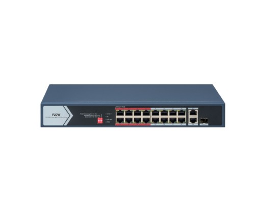 [Коммутаторы] iFLOW F-SW-EU418POE-V/L L2, неуправляемый, 16 портов, 1 uplink порт 1000М RJ45, 1 1000М комбо-порт, 802.3af/at, бюджет питания PoE 130 Вт, порты 9-16 поддерживают режима передачи до 300м,10Мб/с, CAT6;
