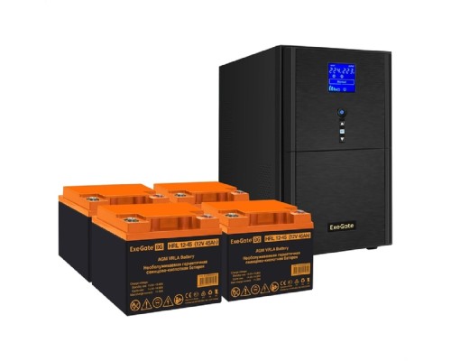 [ИБП (Комплекты)] Exegate EX296864RUS Комплект ИБП EX295990RUS + батарея 45Ач EX285666RUS 4шт (инвертор, синус, для котла) SineTower SZ-3000.LCD.AVR.3SH.1C13.RJ.USB <3000VA/2400W, чистый синусоида, LCD дисплей, AVR, 3*
