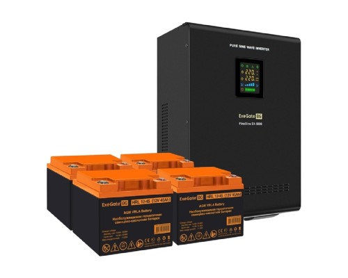 [ИБП (Комплекты)] Exegate EX296660RUS Комплект ИБП EX296004RUS + батарея 45Ач EX285666RUS 4шт (инвертор, синус, для котла, настенный) FineSine SX-5000.LCD.AVR.2SH.T <5000VA/3500W, чистая синусоида, цветной LCD-дисплей,