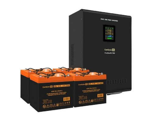 [ИБП (Комплекты)] Exegate EX296685RUS Комплект ИБП EX296005RUS + батарея 55Ач EX285652RUS 4шт (инвертор, синус, для котла, настенный) FineSine SX-7000.LCD.AVR.2SH.T <7000VA/5000W, чистая синусоида, цветной LCD-дисплей,