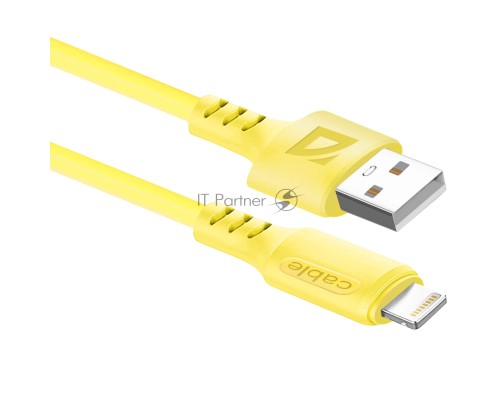 Кабель Defender  F207, USB 2.0 (AM) - Apple Lightning (M), 1метр, 2.4А, силиконовая оплетка, жёлтый.