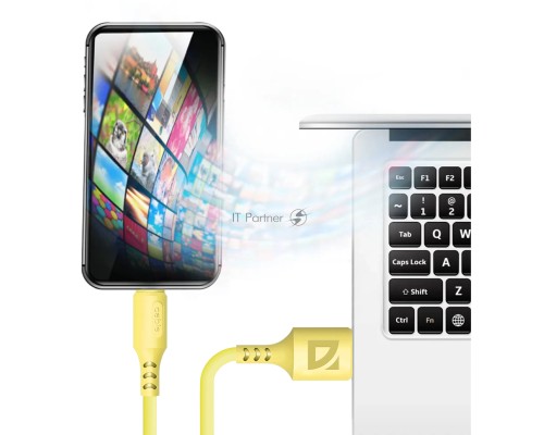 Кабель Defender  F207, USB 2.0 (AM) - Apple Lightning (M), 1метр, 2.4А, силиконовая оплетка, жёлтый.