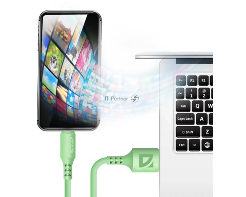 Кабель Defender F207, USB 2.0 (AM) - Apple Lightning (M), 1метр, 2.4А, силиконовая оплетка, зелёный.