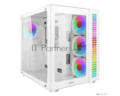 Корпус Ginzzu V570 RGB подсветка, контроллер CRC10, 4* 12RW6 FAN 12CM RGB, закаленное стекло 1*USB 3.0,1*USB 2.0, AU Белый ATX